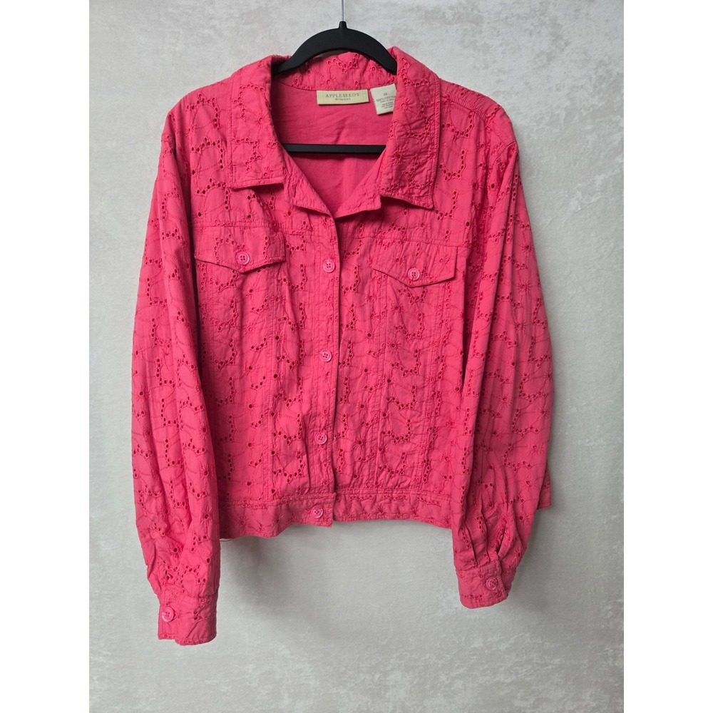 Appleseeds Womens 2X Pink Eyelet Cotton Jacket Floral Embroidery Cottagecore